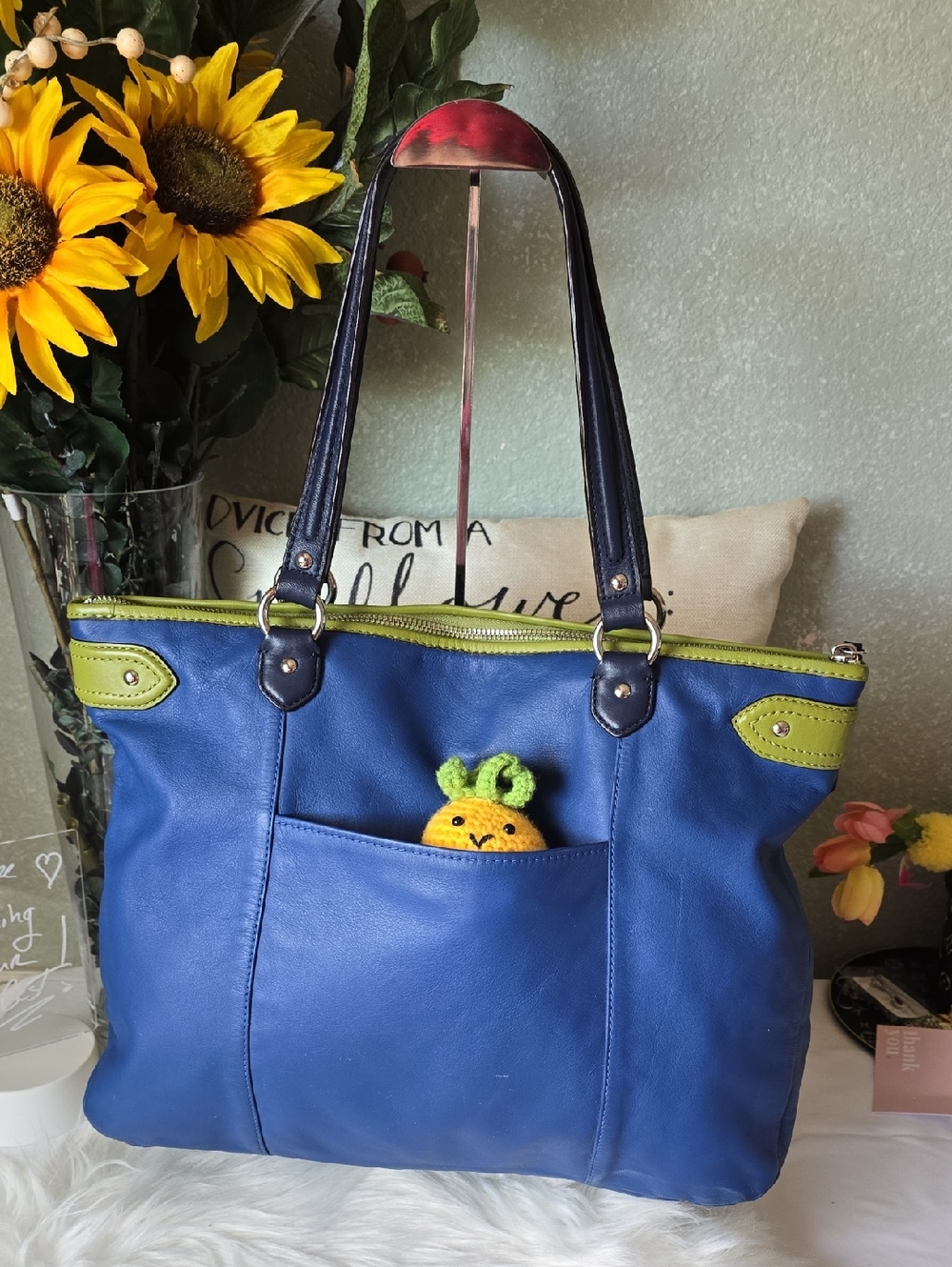 Coach Daisy Spectator Blue Leather Tote with Lime Trim and Navy Blue Handles - Picture 3 of 15